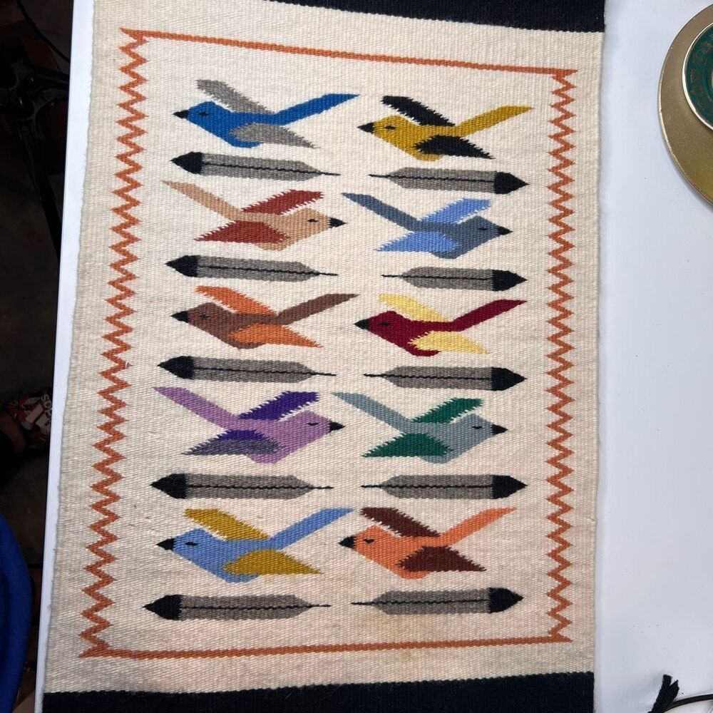 Navajo original wool pictorial rug handwoven birds and feathers
